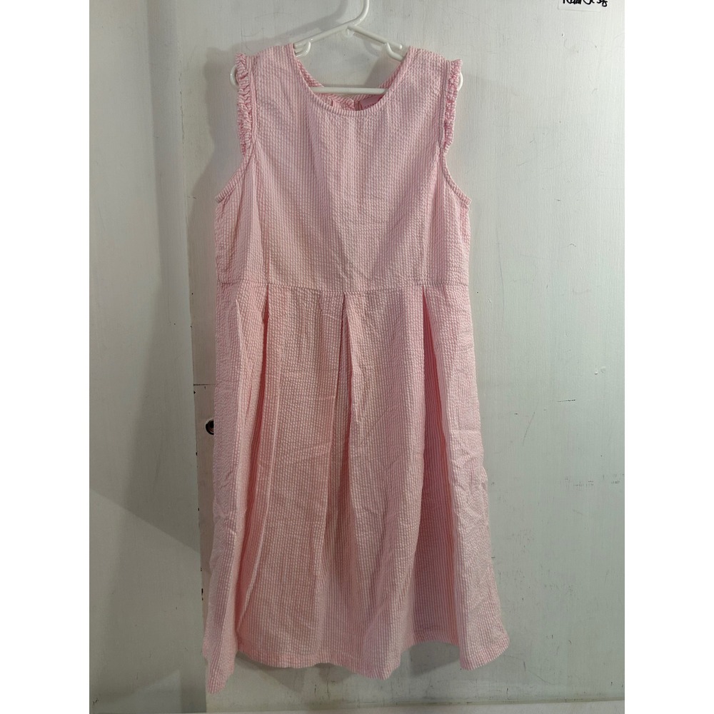 J. Khaki Seersucker Dress 12 Pink Striped Ruffle Button Back Girls